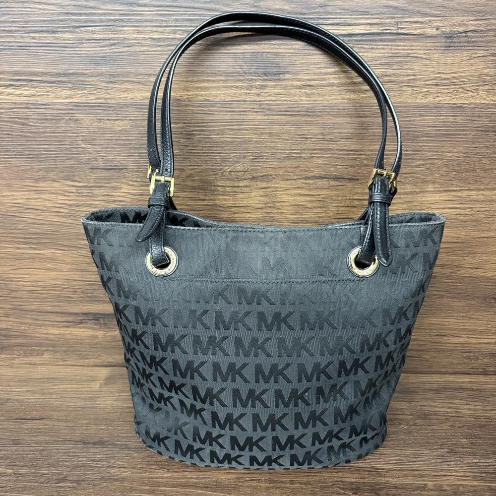 Michael Kors Black Canvas Tote MK Logo Black Straps Gold Hardware